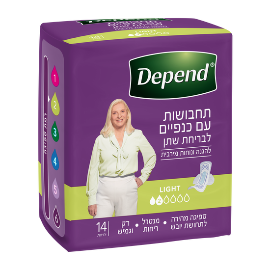 תמונה של אריזה של מוצר מצולמת מהצד, אריזה סגולה עליה אישה בטוחה בעצמה, מוצר תחבושות לבריחת שתן עם סימון 2 טיפות